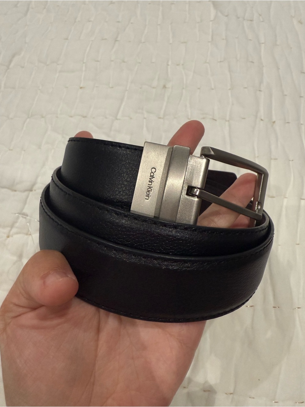 Calvin Klein Black Leather Men’s Belt with Silver Buckle 36